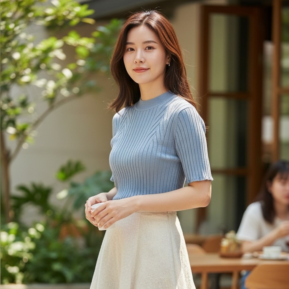 Blue Fitted Ribbed Blouse - Picture 1 of 3
